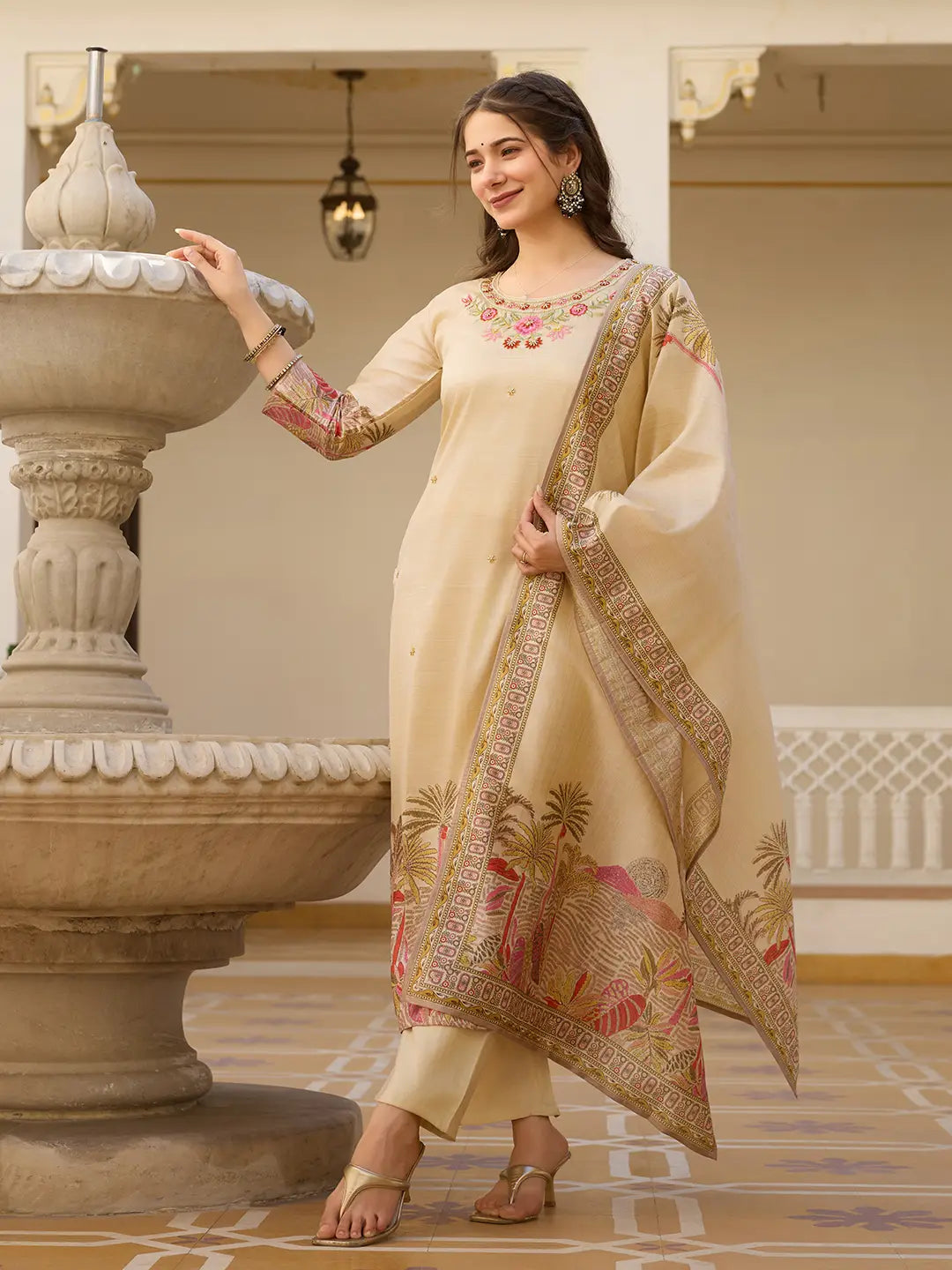 Golden Beige Embroidered Silk Suit Set