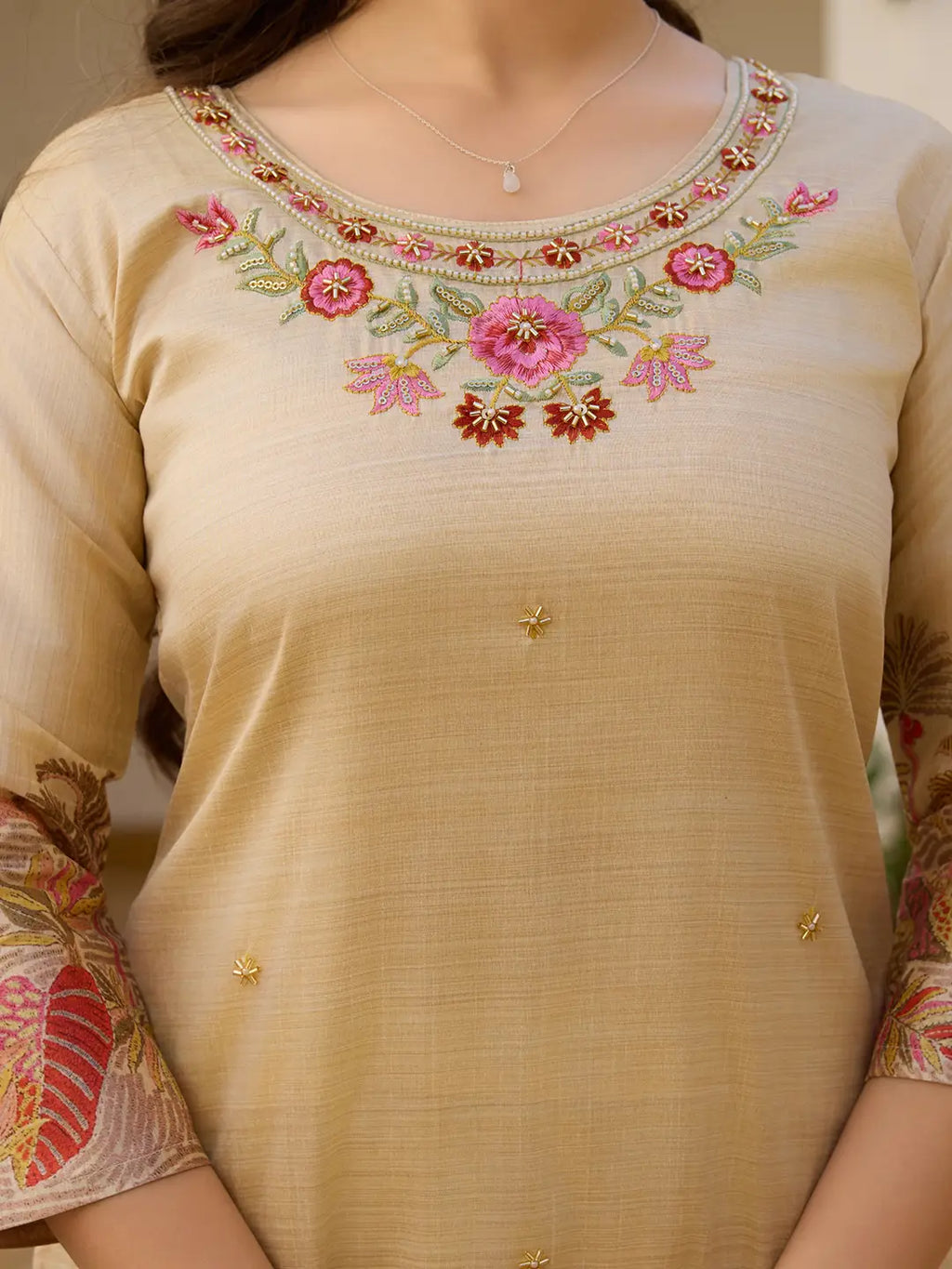 Golden Beige Embroidered Silk Suit Set