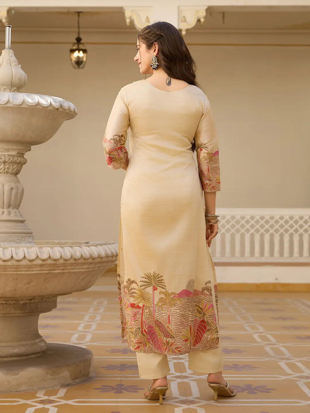Golden Beige Embroidered Silk Suit Set