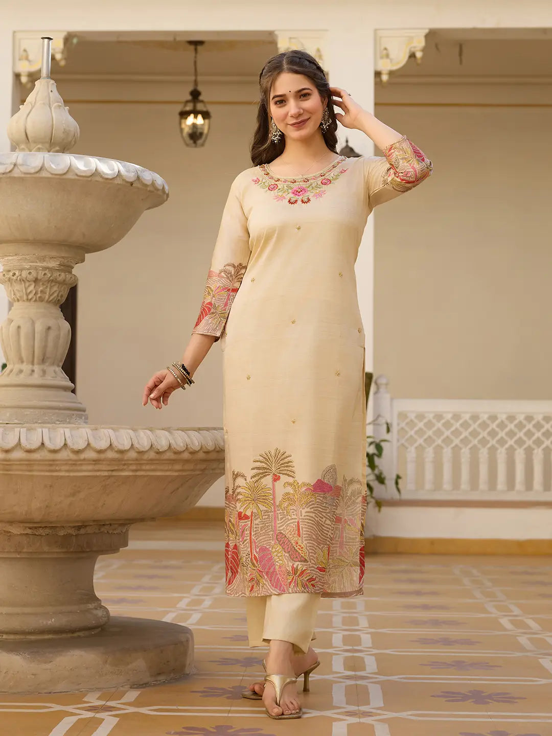 Golden Beige Embroidered Silk Suit Set