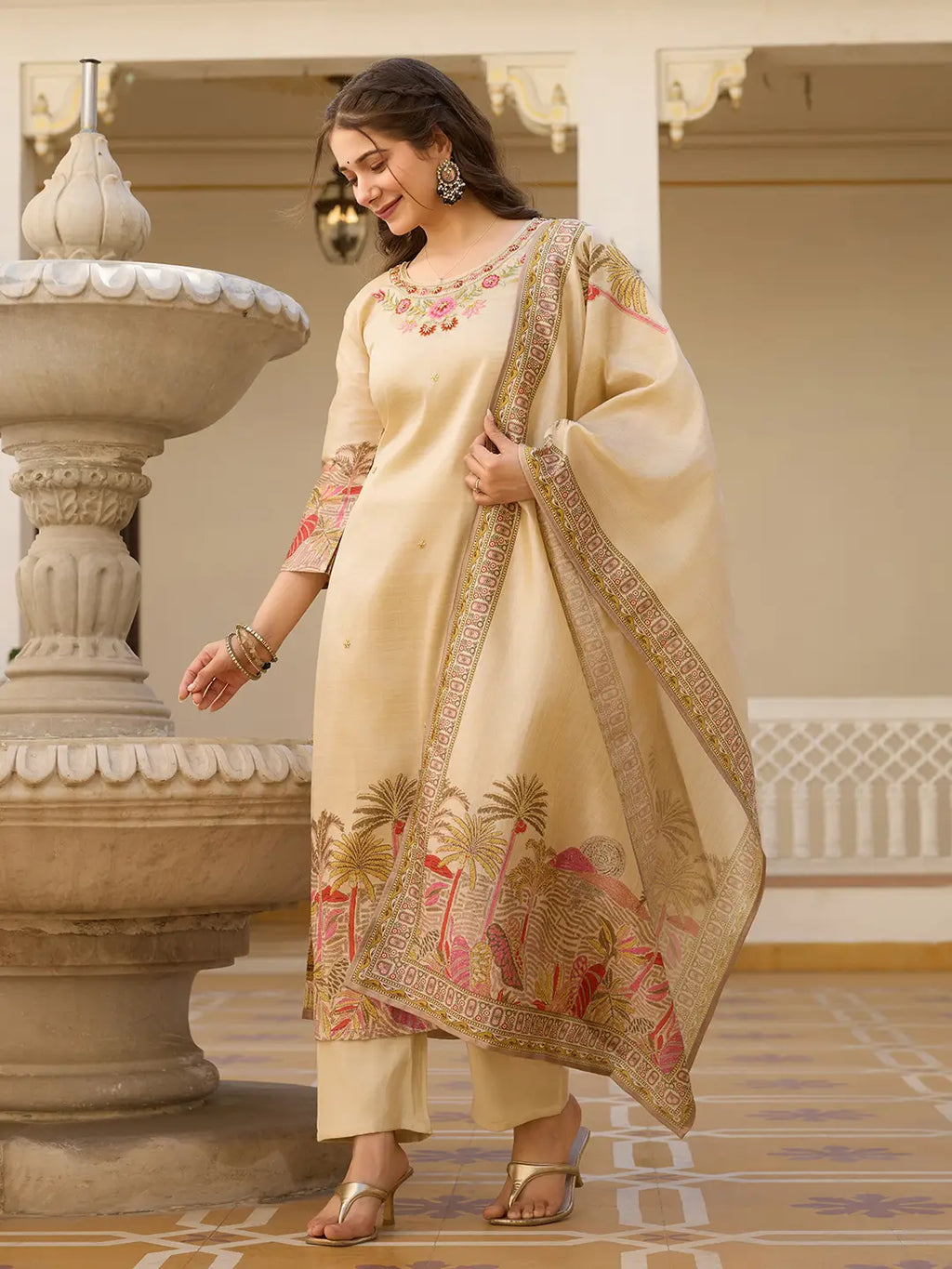 Golden Beige Embroidered Silk Suit Set