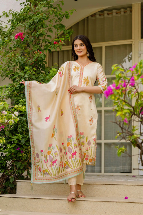 Cream Silk Suit with Palm Tree Embroidery