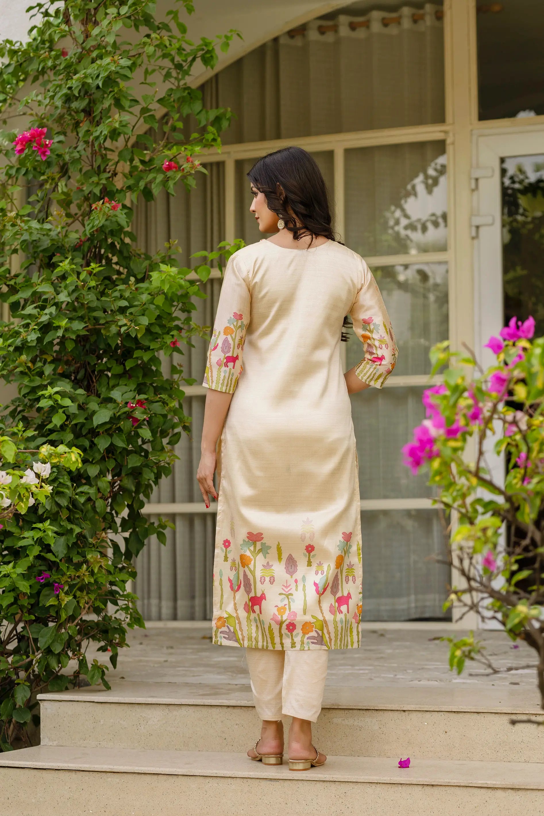 Cream Silk Suit with Palm Tree Embroidery