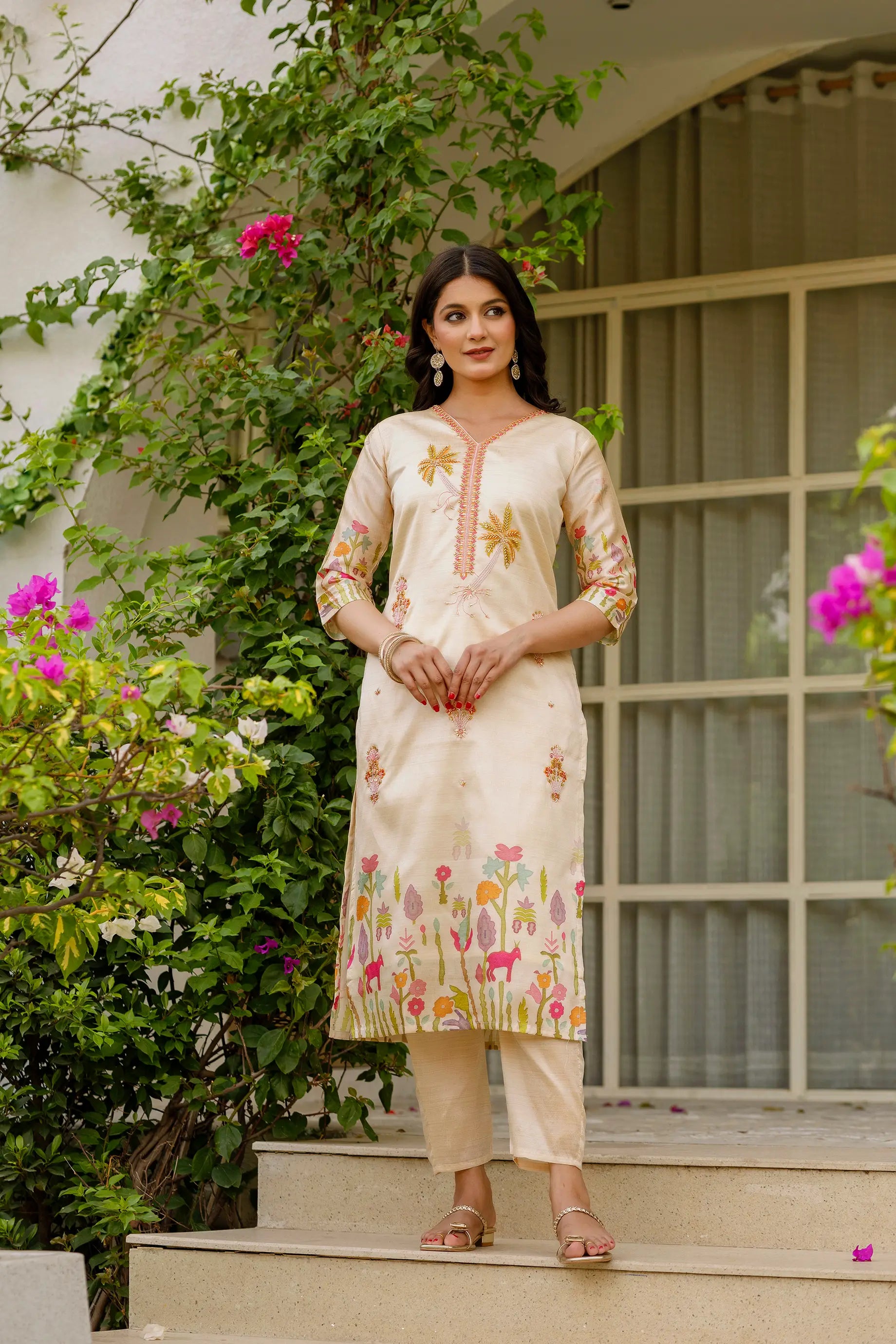 Cream Silk Suit with Palm Tree Embroidery