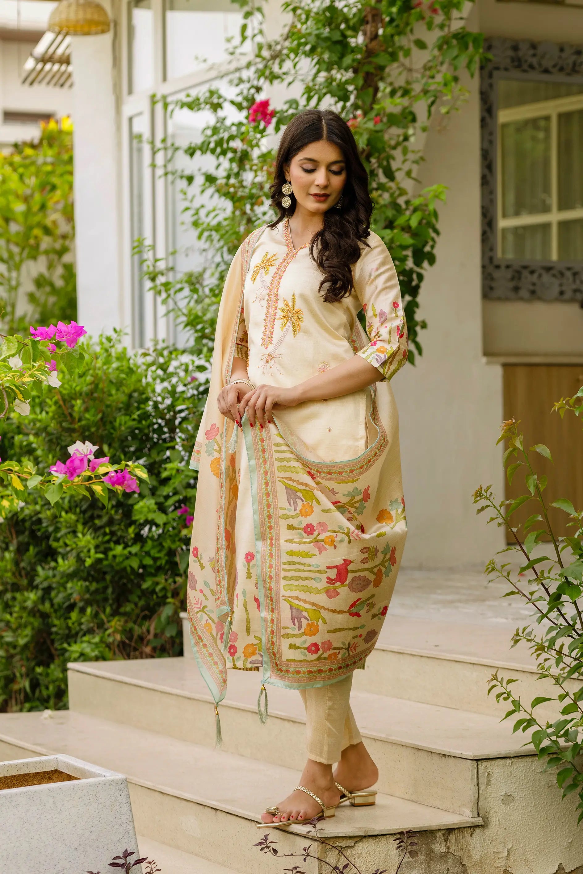 Cream Silk Suit with Palm Tree Embroidery