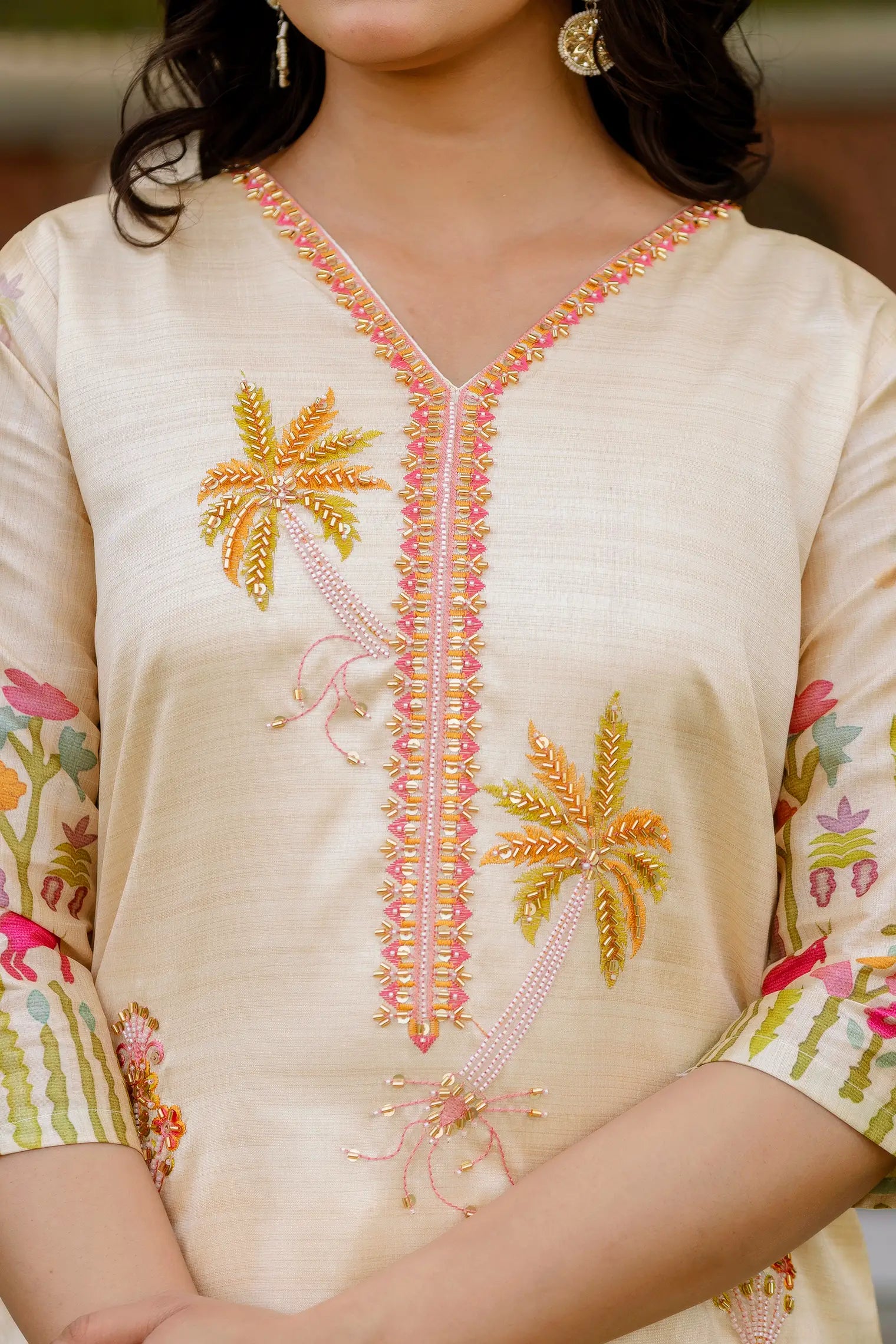 Cream Silk Suit with Palm Tree Embroidery