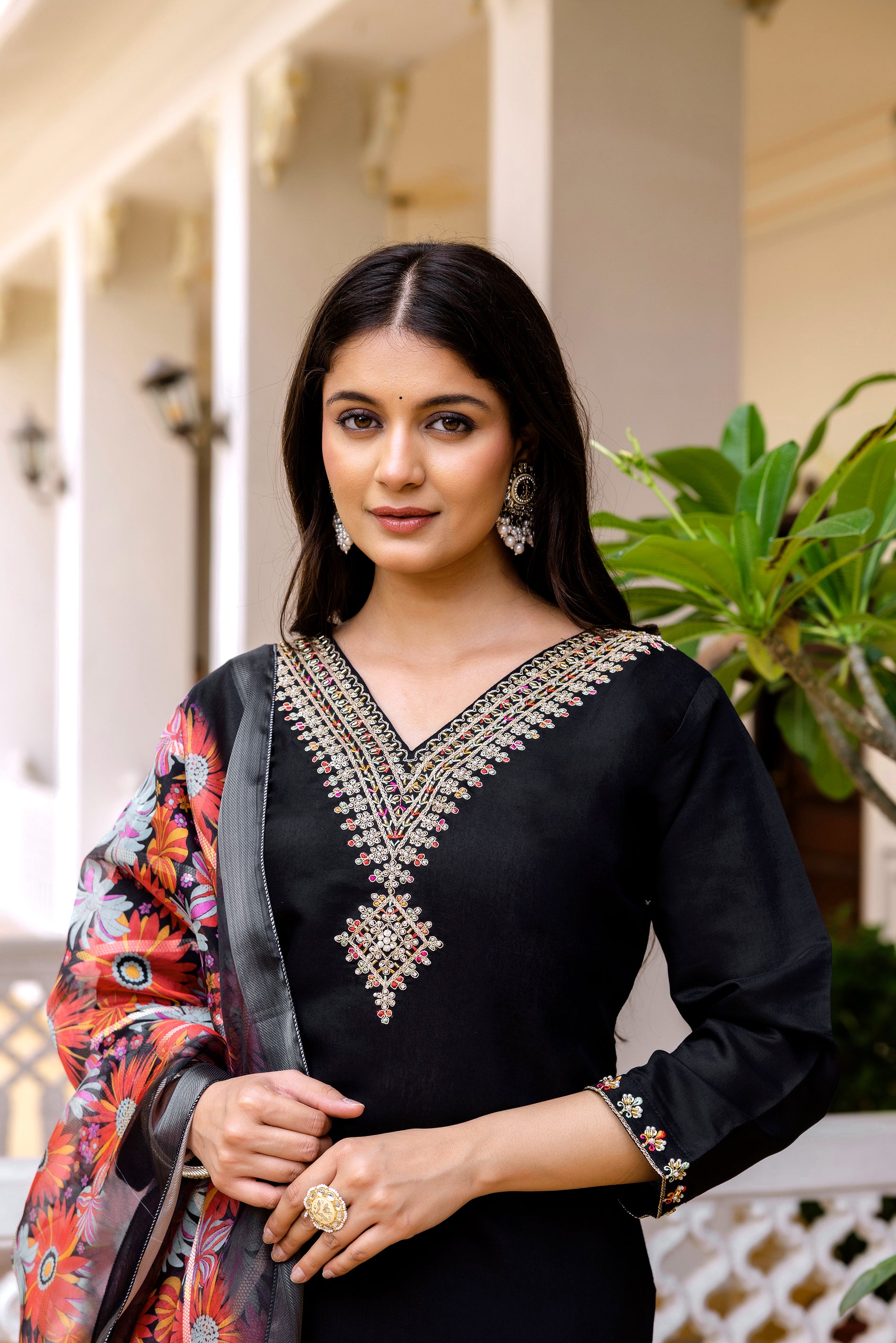Premium Black Ethnic Kurta Set with Embellished Neckline