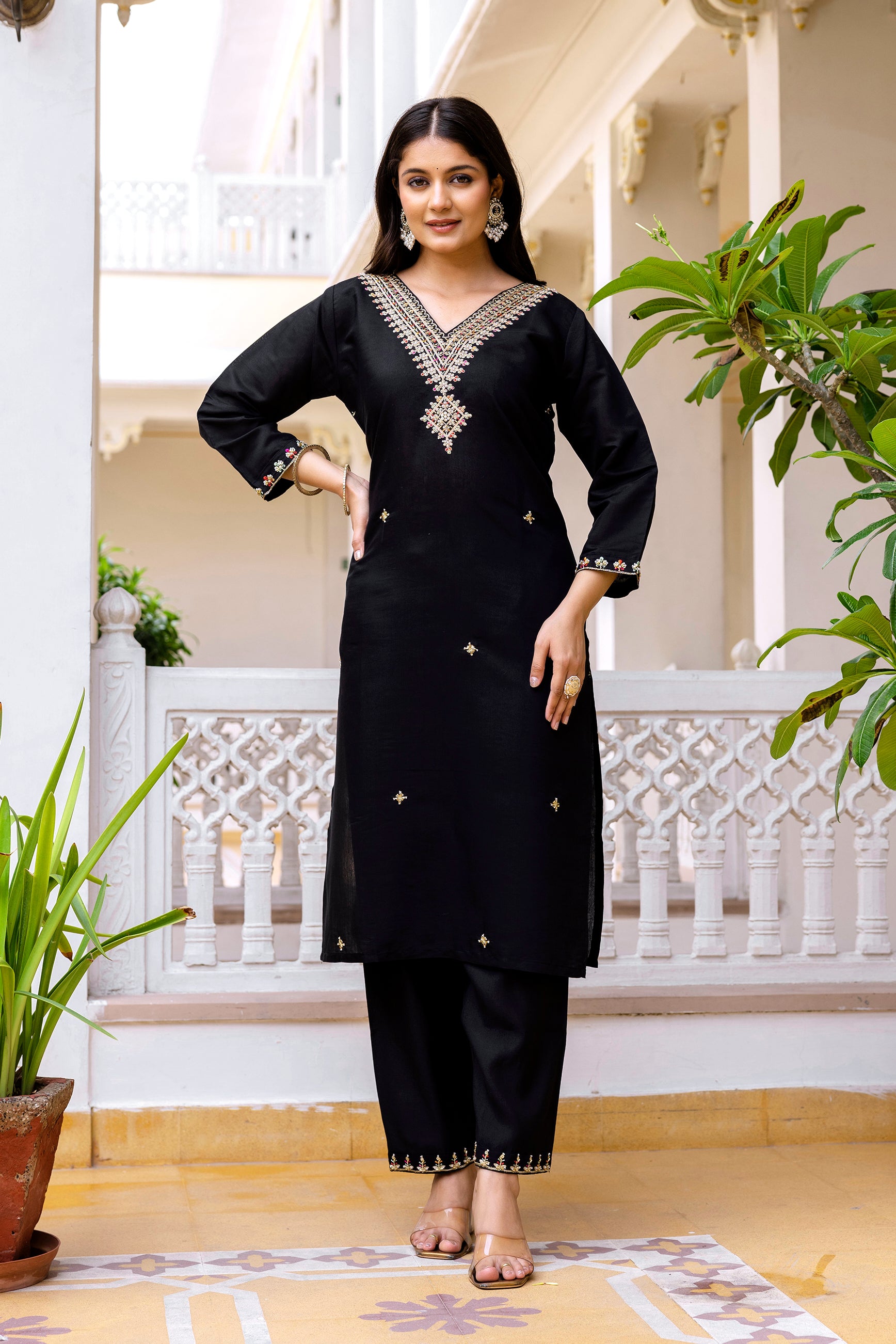 Premium Black Ethnic Kurta Set with Embellished Neckline