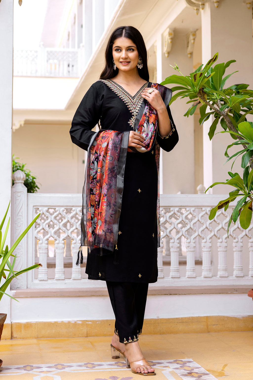 Premium Black Ethnic Kurta Set with Embellished Neckline