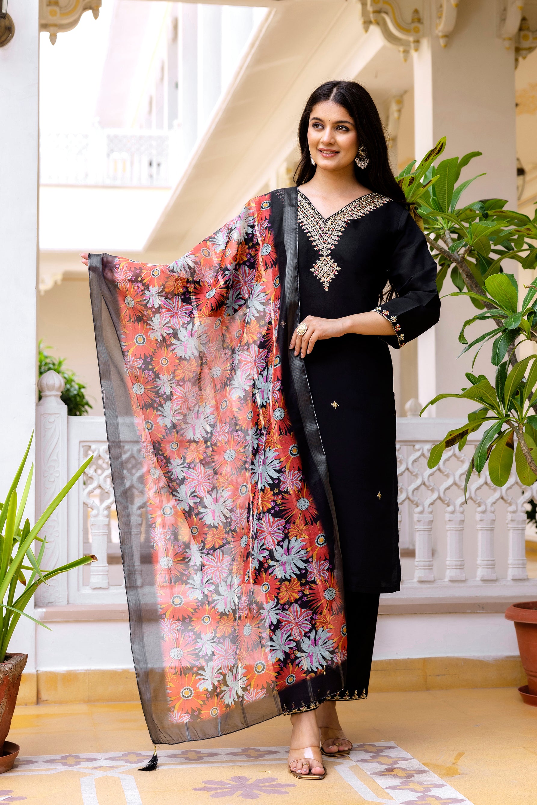 Premium Black Ethnic Kurta Set with Embellished Neckline