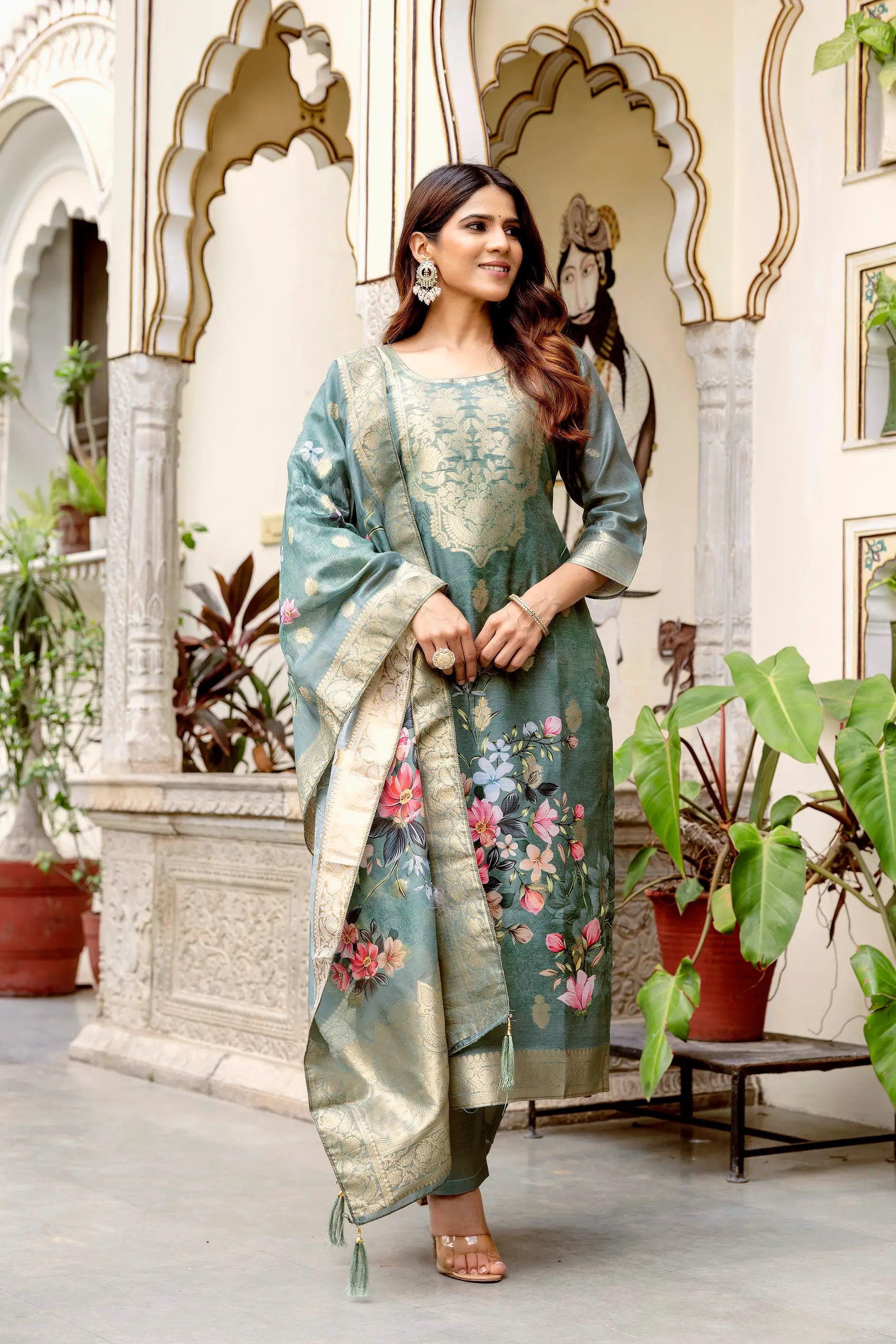Floral Chanderi Kurti with Woven Dupatta