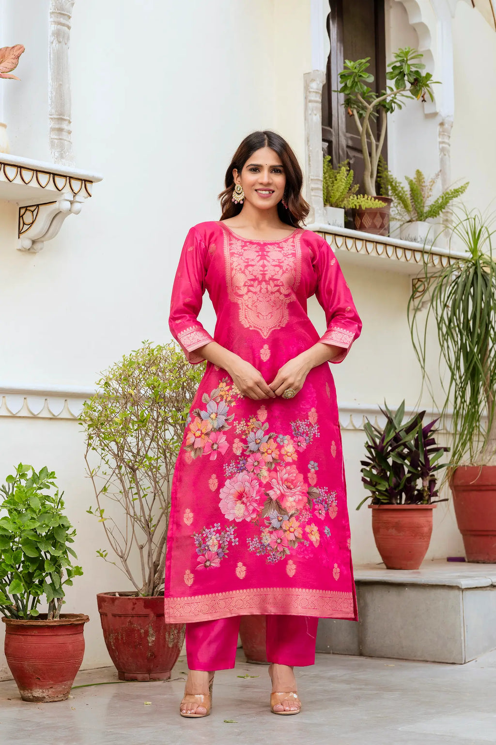 Floral Chanderi Kurti with Woven Dupatta