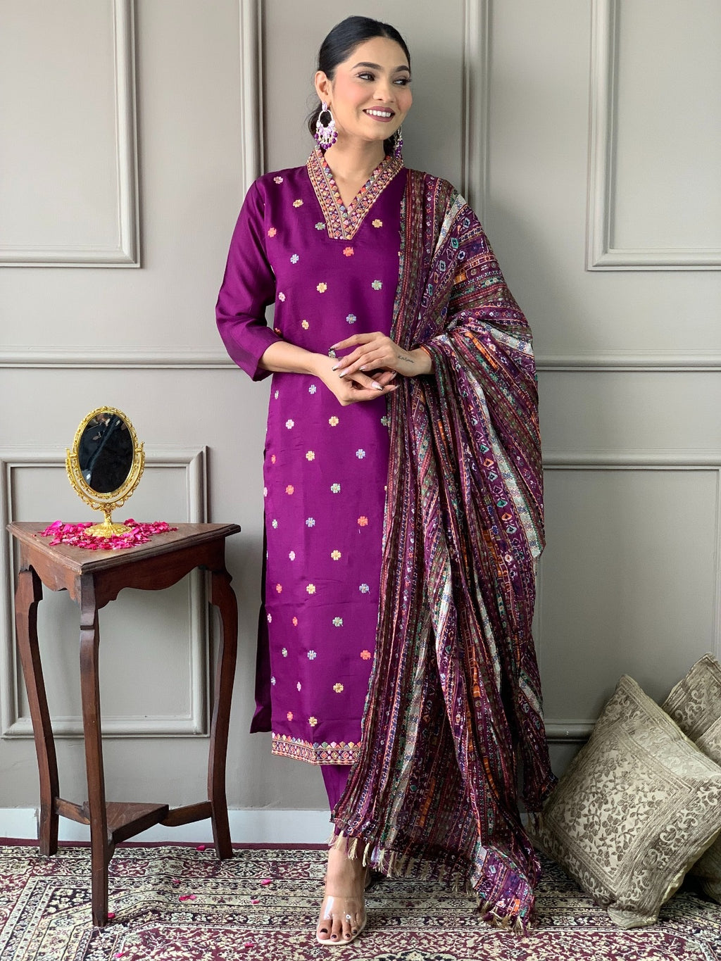 Amethyst Embroidered Kurta Set with Artisan Dupatta