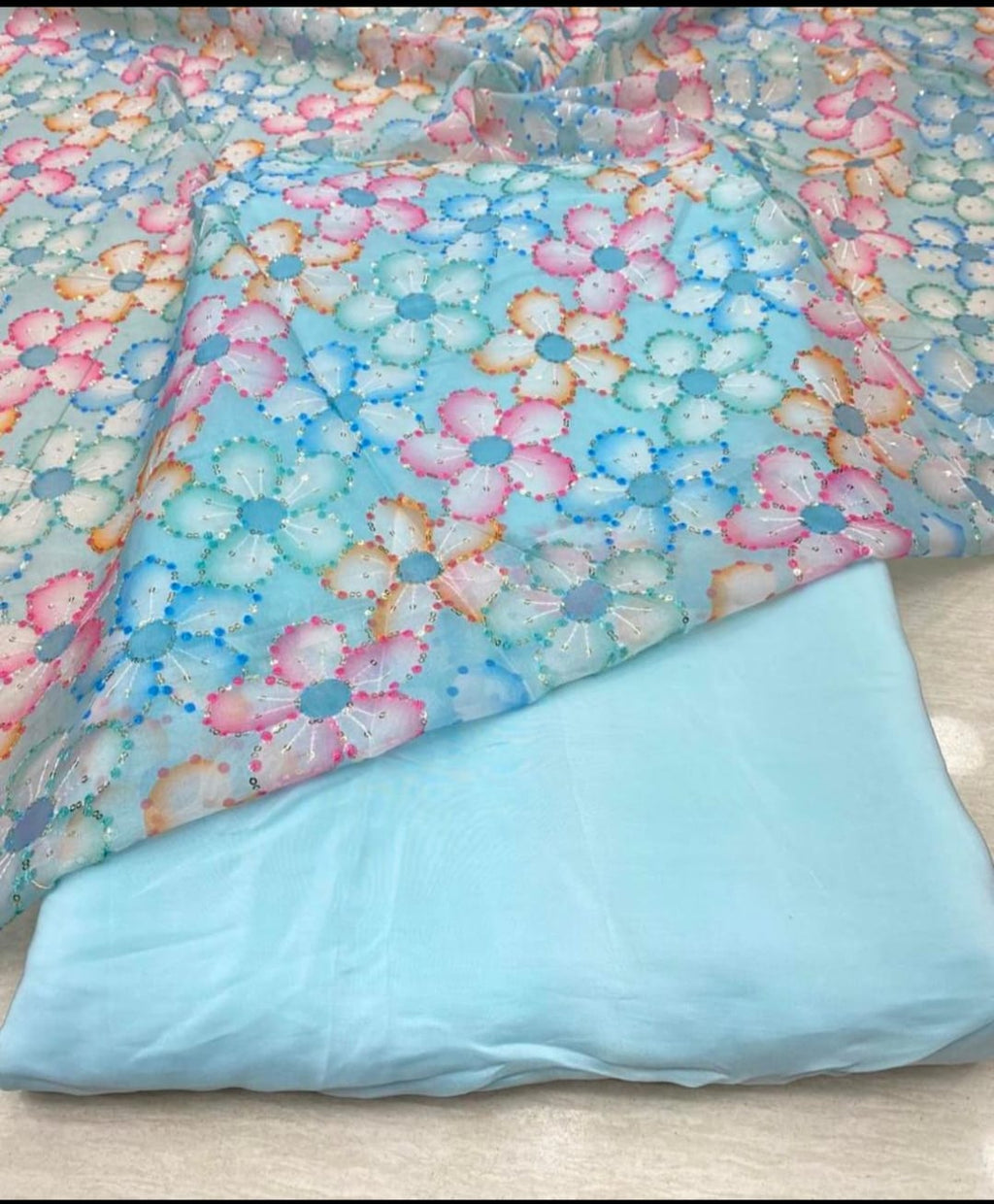 Floral Embroidered Net Fabric with Matching Base