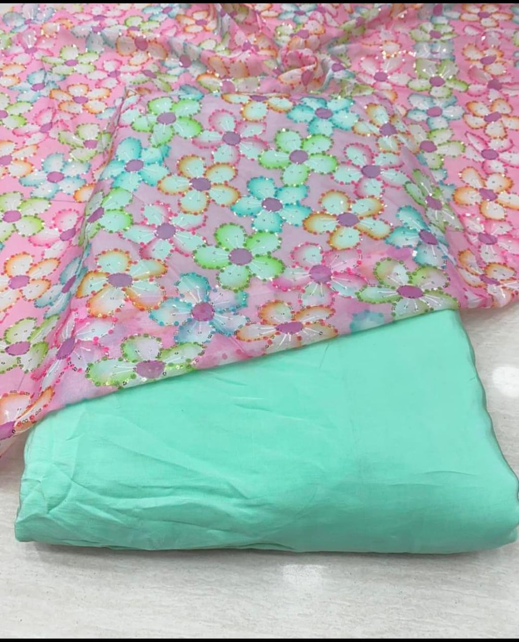 Floral Embroidered Net Fabric with Matching Base