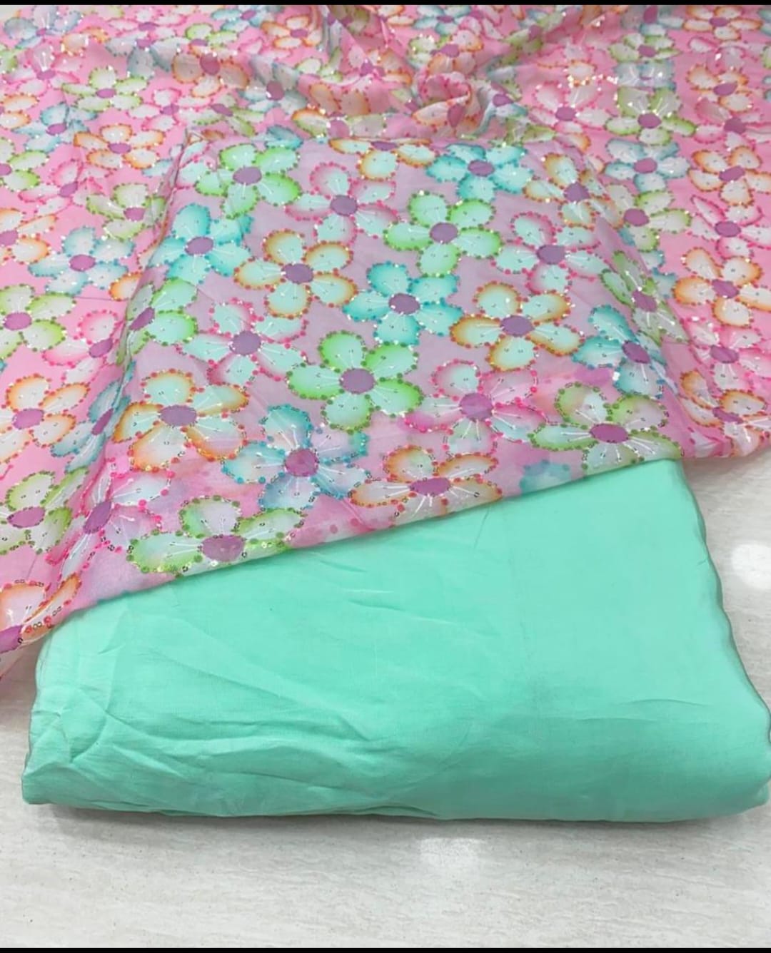 Floral Embroidered Net Fabric with Matching Base