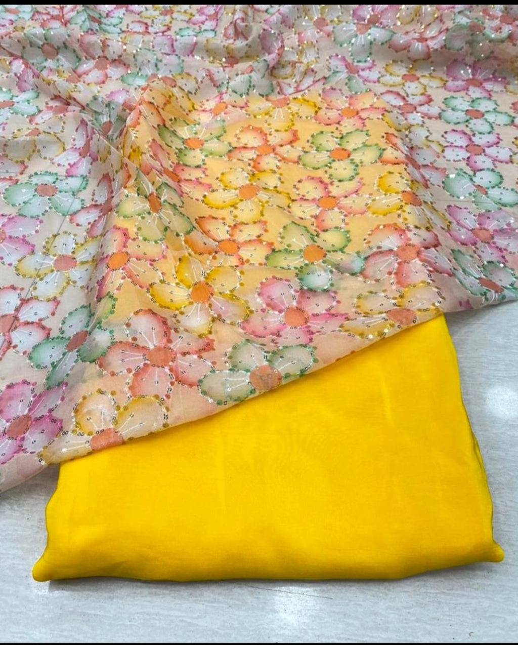 Floral Embroidered Net Fabric with Matching Base