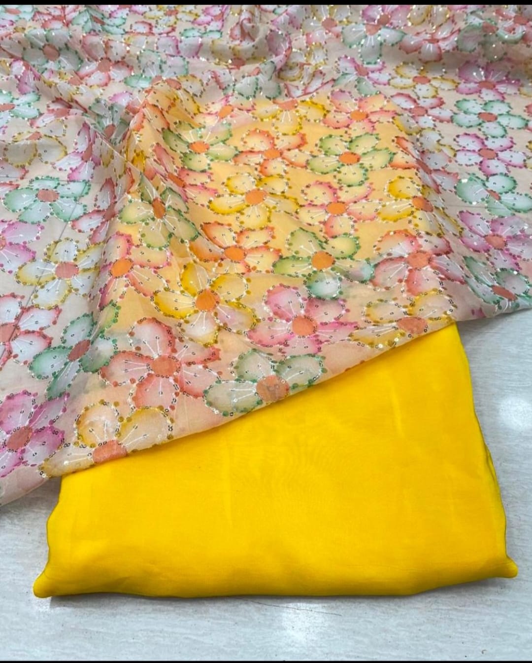 Floral Embroidered Net Fabric with Matching Base