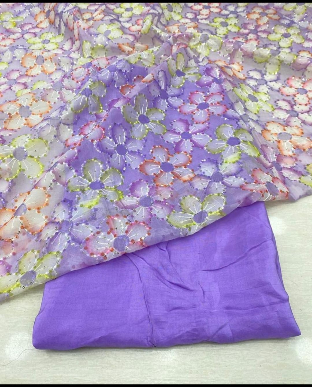 Floral Embroidered Net Fabric with Matching Base